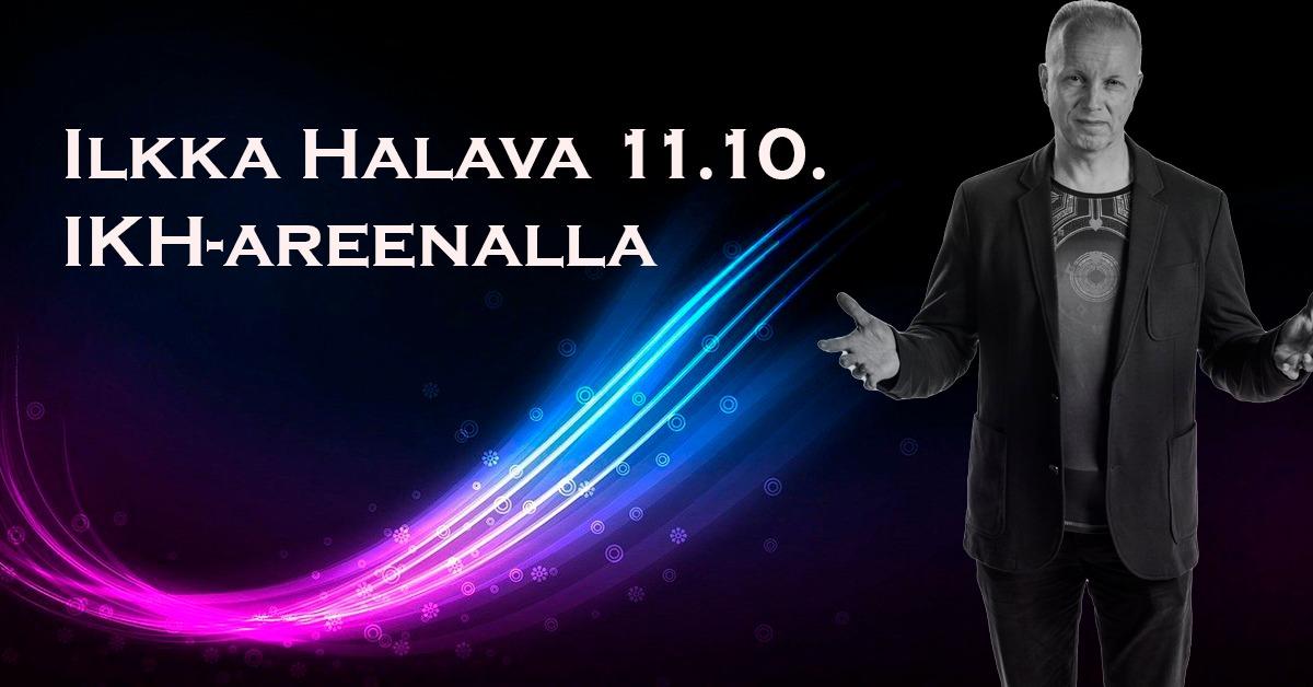 Mustataustaisen kuvan oikeassa reunassa seisoo tulevaisuudentutkija Ilkka Halava mustissa vaattaisaan kädet avoinna. Kuvassa teksti Ilkka Halava 110.10. IKH-Areenalla