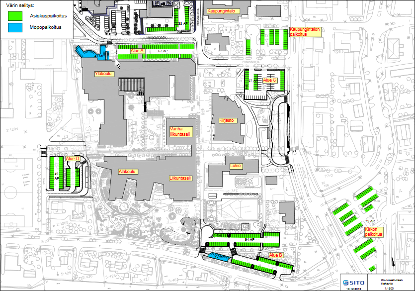 Koulukeskuksen pysäköintialueet kartalla