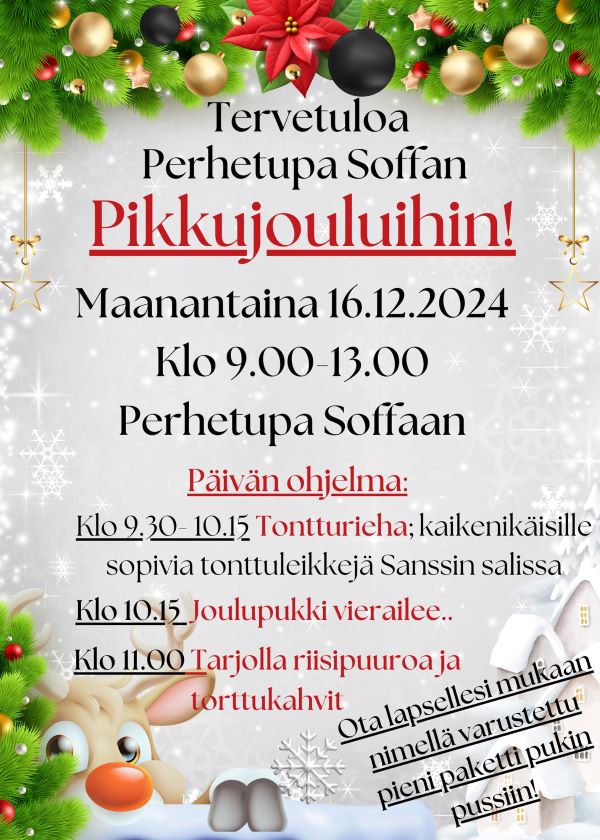 Kutsu Perhetupa Soffan pikkujouluihin, joka pidetään ma 16.12.2024 klo 9-13.