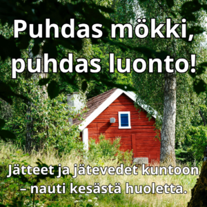 Punainen mökki puiden seassa.